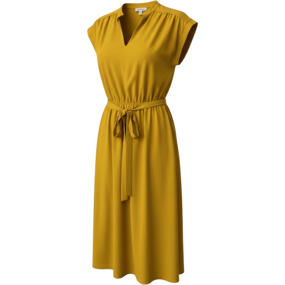 Mustard Yellow Retro French Country Midi Dress XL Split Neck Tie Waist Crepe